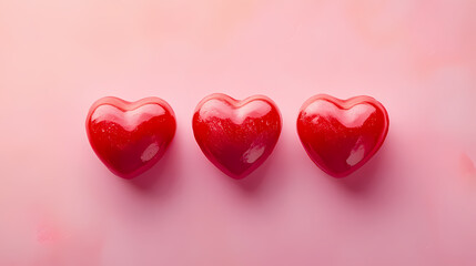 Fototapeta premium Three Red Hearts in a Row on Pink Background