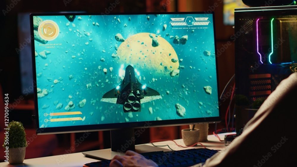 Poster man using gaming keyboard to fly spaceship in sf videogame, close up on computer screen. gamer using