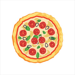 Vector illustration of pizza in cartoon flat style. Whole and chopped pizza icon. Italian pizza with tomato, sausage, pepperoni and mushrooms. top view. pizza with slice. Pizza fast food