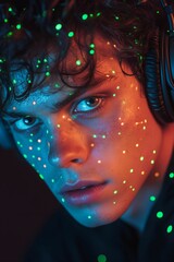 Neon Glow Portrait, A young man's face is illuminated with vibrant, glowing dots in this captivating portrait. The neon-like effect creates a striking visual, highlighting .