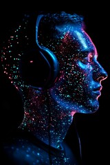 Neon Glow Portrait, A young man's face is illuminated with vibrant, glowing dots in this captivating portrait. The neon-like effect creates a striking visual, highlighting .