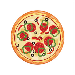 Vector illustration of pizza in cartoon flat style. Whole and chopped pizza icon. Italian pizza with tomato, sausage, pepperoni and mushrooms. top view. pizza with slice. Pizza fast food