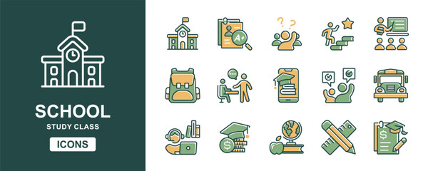 education school icon set online classroom lecture student study learning success achievement school signs collection vector illustration for web and app