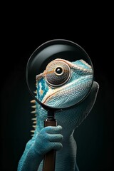 Chameleon Magnified View, A chameleon's eye is closely examined through a magnifying glass, revealing intricate details. Curious and focused.