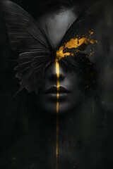 Butterfly Mask Gold Streak, A surreal portrait with a butterfly wing covering part of a face, featuring a striking gold streak. Dark and mysterious.