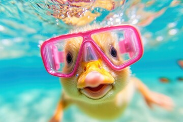 Naklejka premium Cute duckling wearing pink snorkeling goggles swimming underwater in a colorful tropical setting, evoking fun and adventure, perfect for seasonal wildlife themes