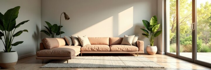 Open-plan living area, muted tones, plant, sunlight, furniture, beige