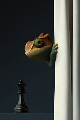 Curious Chameleon Chess Play, A playful chameleon peeks from behind a curtain, eyeing a lone chess queen. Whimsical and intriguing.