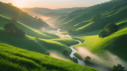 Sunrise in Green Valley with Winding River. AI generated