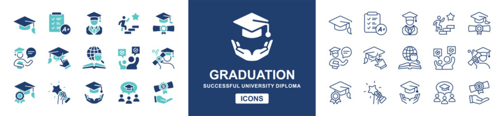 education student graduation icon set knowledge cognition online school study learning success achievement graduate college vector line illustration