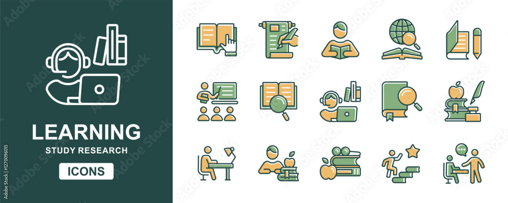 Aufkleber education student read and learn icon set online learning course study reading book school research assessment signs vector illustration