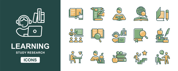education student read and learn icon set online learning course study reading book school research assessment signs vector illustration