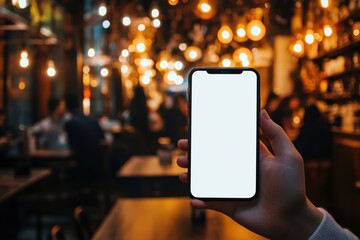 Phone display in dim restaurant with ambient lights offering screen for custom application presentation
