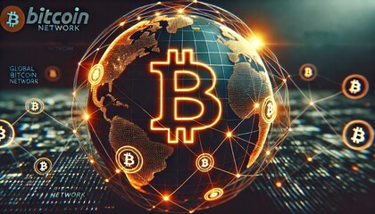 Global Bitcoin network with a futuristic, high-tech design. Bitcoin symbols appear as nodes in a decentralized network, emphasizing security and connectivity.