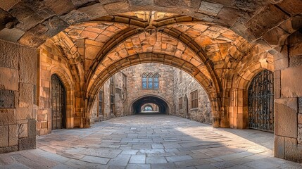 Stone archway passage, castle courtyard, sunny day, historical architecture, tourism