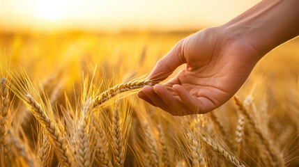 A farmer hand gently touches golden wheat grains, symbolizing sustainability and connection to nature, with blurred horizon