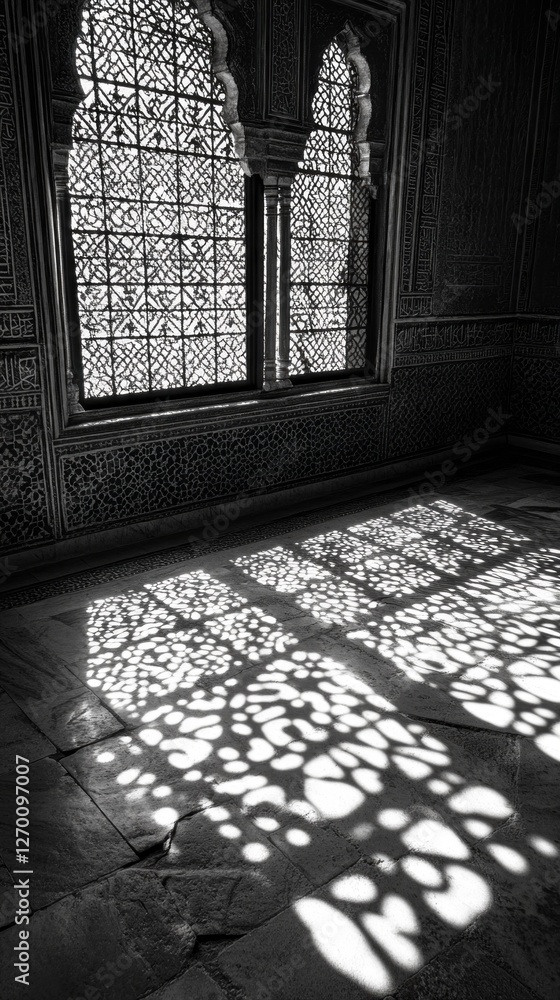 Poster Sunlight filters through an ornate window, illuminating the floor with intricate shadows
