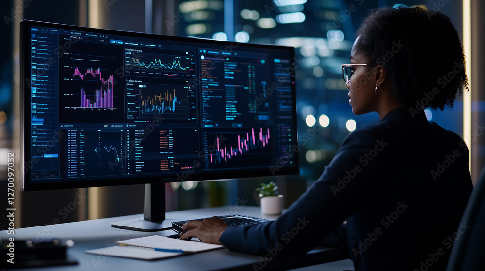 Poster professional analyst in modern office using data management system