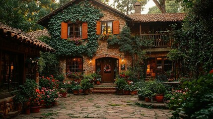 Obraz premium Stone house, courtyard, plants, evening, tranquil setting, vacation rental