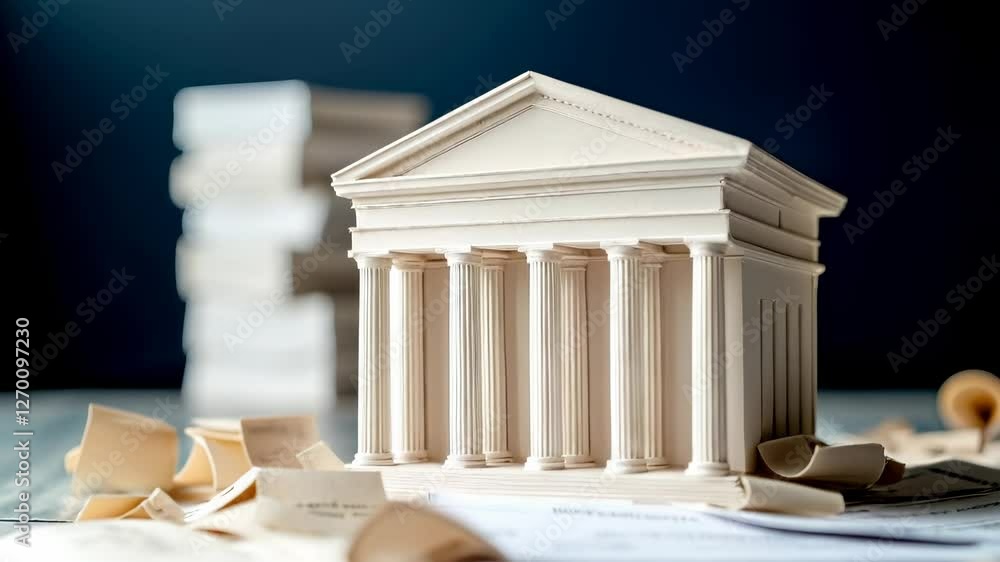 Poster Miniature Architecture Model of Classical Building Surrounded by Documents and Creative Papers