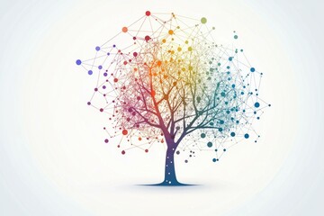 Colorful conceptual tree illustration symbolizing connectivity and digital relationships, featuring vibrant hues, abstract design, and modern aesthetics