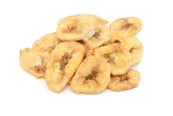 Banana chips on white background