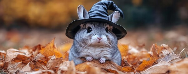 Obraz premium Chinchilla wearing a witch hat and cloak, casting tiny spells, witch chinchilla, magical small pet