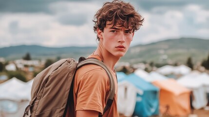 Fototapeta premium Youthful Traveler Amidst Refugee Camp