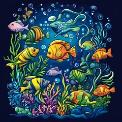 Obraz premium Colorful underwater fish illustration, vibrant coral reef, lively aquatic scene, artistic design for children's print