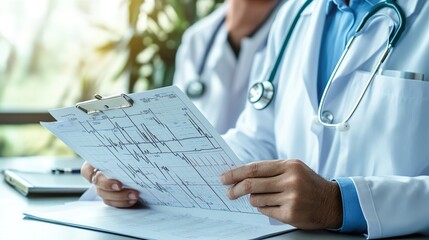 Doctor reviewing medical chart, healthcare diagnosis, clinic office, sunlight background. Use medical website, brochure