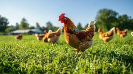 Fototapeta premium A Lively free range chickens roam lush green pasture under clear blue sky