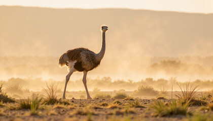 Naklejka premium Ostrich Stalking in misty landscape at sunrise