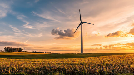 Obraz premium A modern wind turbine stands tall over vast agricultural field, symbolizing sustainable farming practices and clean energy