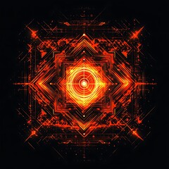 Abstract digital mandala design, vibrant red and orange. Possible use wallpaper, website background