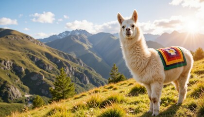 Fototapeta premium Llama standing on mountains with colorful blanket