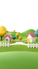 Fototapeta premium Idyllic suburban houses, green hills, autumn trees. Background white. Use children's book illustration