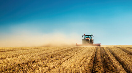 Fototapeta premium A red tractor plowing golden wheat field under clear blue sky, dust rising from soil, leaving ample copy space on right