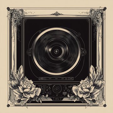 Vintage record player graphic art, decorative frame, floral design
