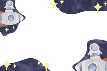 Horizontal Frame with Rockets and Astronauts in Night Sky with Stars, Watercolor Illustration Space Theme for Print, Web and Textile