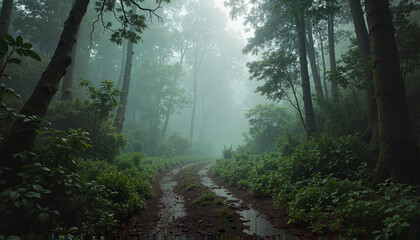 Obraz premium Misty forest path with tall trees in green landscape