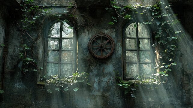 Sunbeams illuminate ivy-covered ruin windows; old wheel; mystery - Powered by Adobe