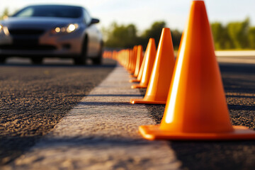 Driving school setup with a car and traffic cones. An orange cone designated for driver training at a racetrack