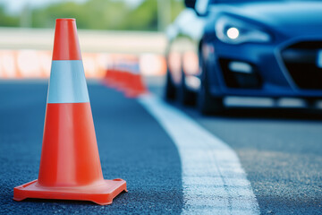 Driving school setup with a car and traffic cones. An orange cone designated for driver training at a racetrack
