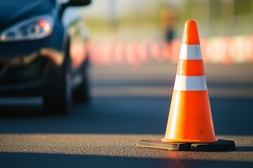 Driving school setup with a car and traffic cones. An orange cone designated for driver training at a racetrack