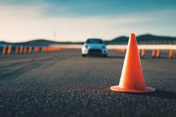 Driving school setup with a car and traffic cones. An orange cone designated for driver training at a racetrack
