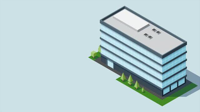 Isometric city building animation. Isometric modern building. Skyscraper building or business office. Motion graphic