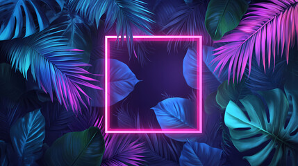 A modern illustration featuring a neon frame surrounded by lush tropical leaves, giving a radiant and inviting vibe. Lush Neon Rainforests. Illustration