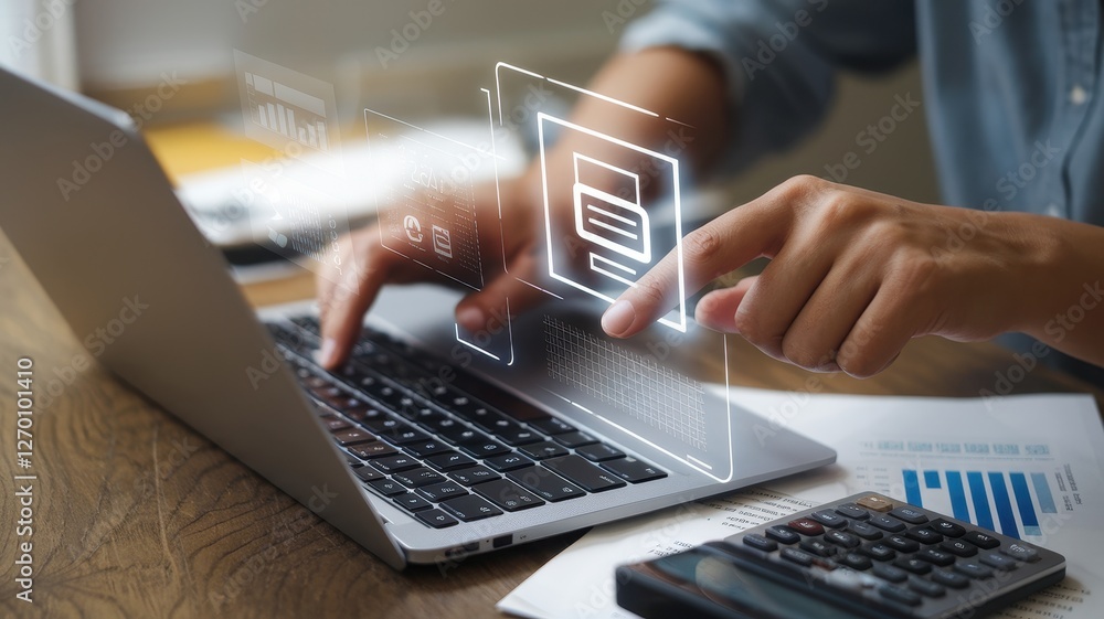 Poster man interacts with digital document icons on a laptop