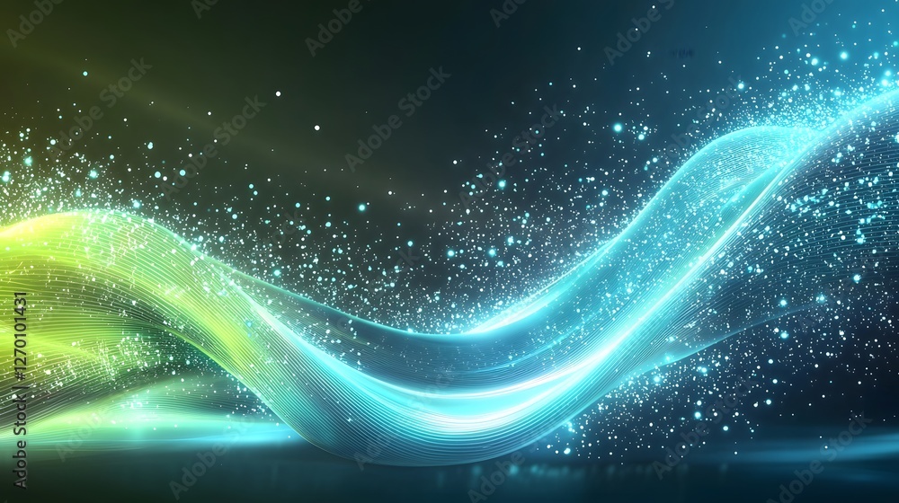 Poster Mesmerizing Cyber Inspired Dynamic Waves of Glowing Digital Particles in a Futuristic Sci Fi Space  Captivating abstract background with neon blue and green lines