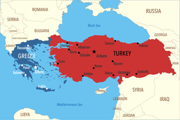 Vector Map of Greece and Turkey (Turkiye) with Capitals, Major Cities, and Neighboring Countries